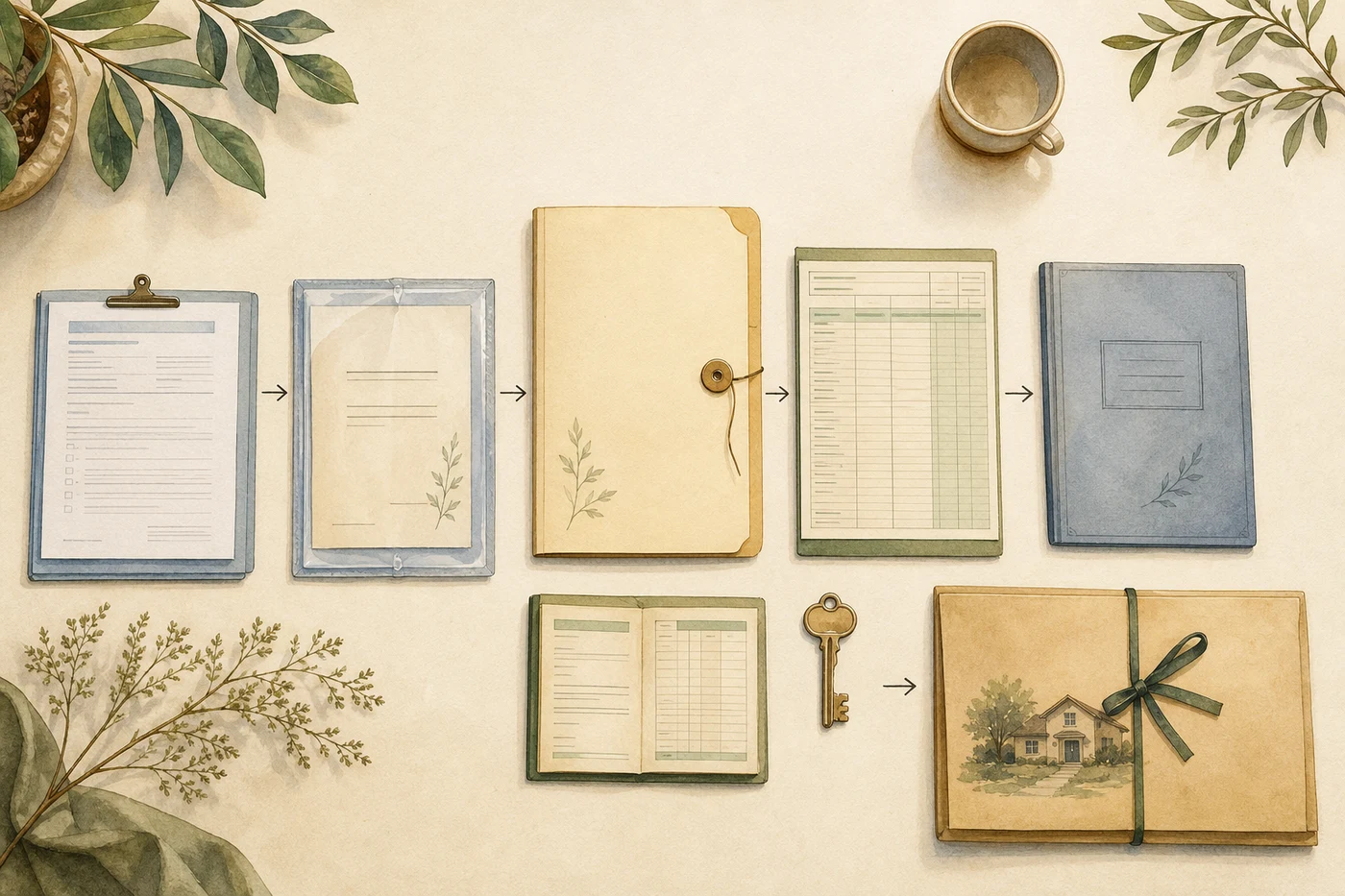 An organised deceased estate file with a will, asset records, account ledger and house key