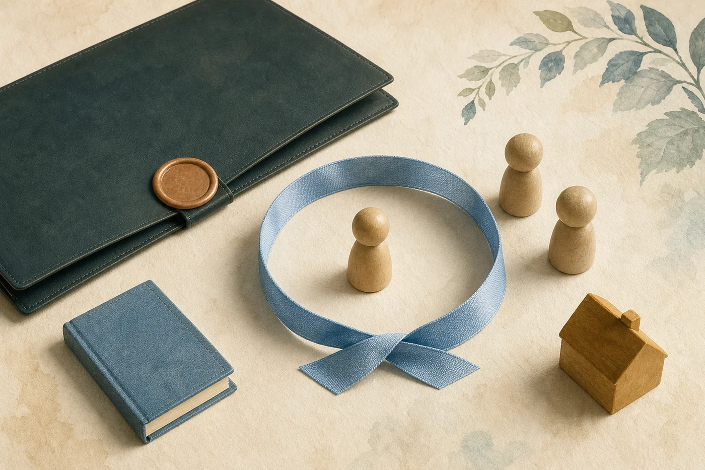 A child figure protected by a ribbon beside a will, trustees, a book and a home
