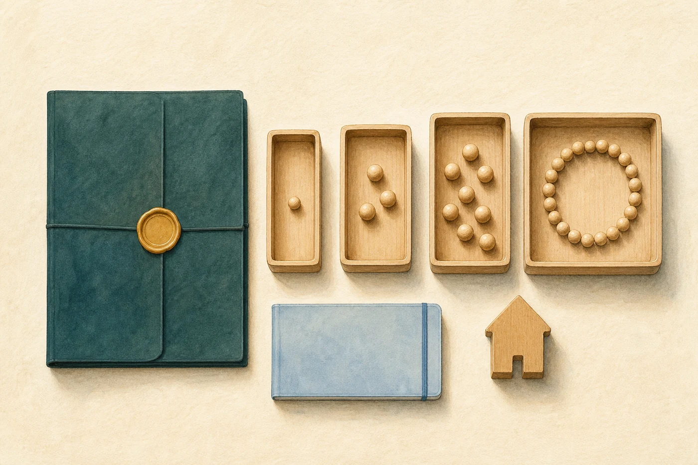 Four organised cost trays beside a trust folder, notebook and family home