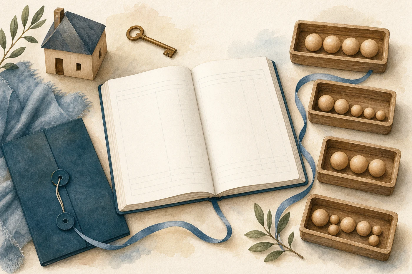 An open estate ledger beside a home, key, sealed folder and four organised cost trays