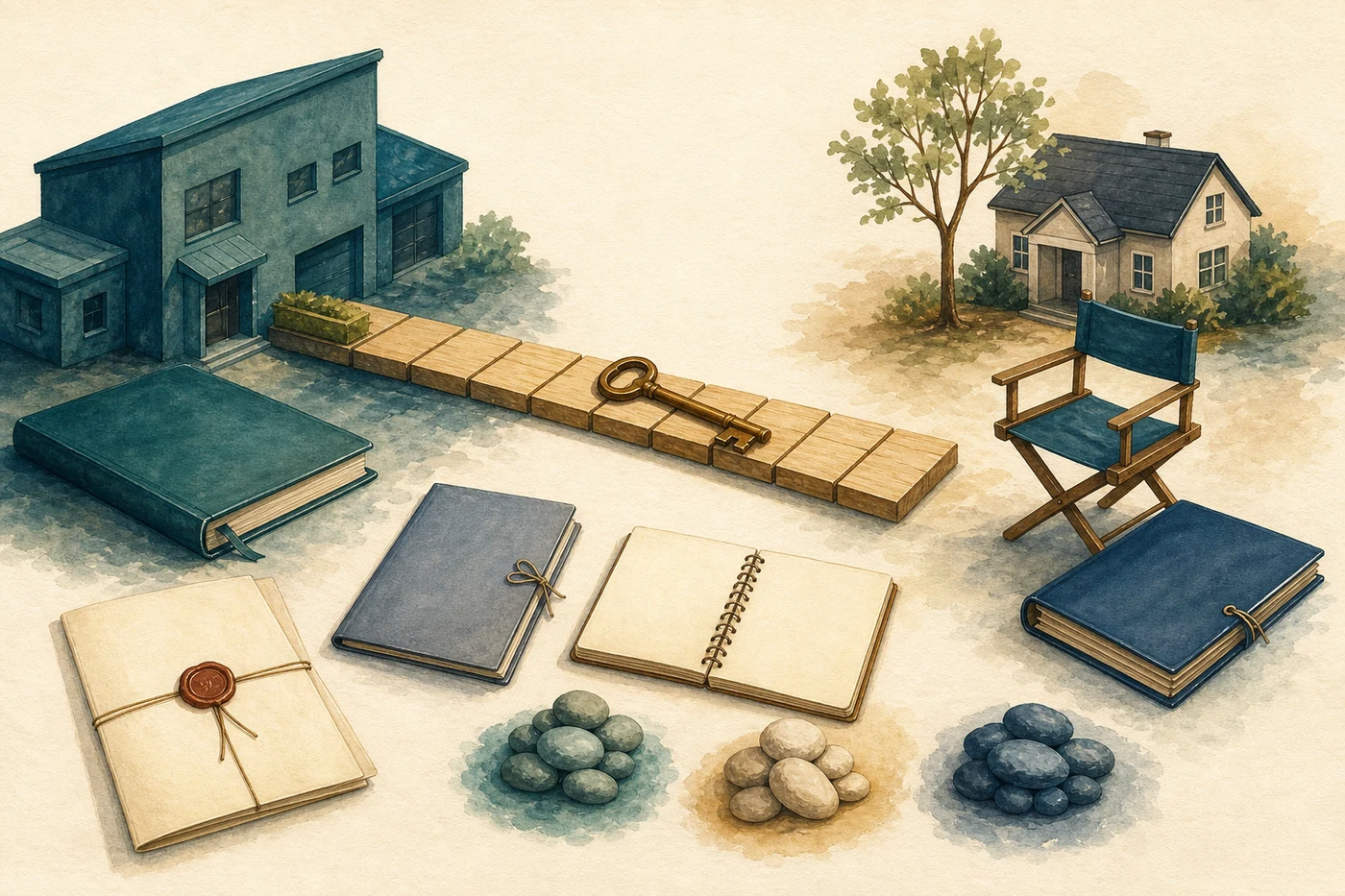 A company and family home connected by share tiles and a key, with separate legal folders, management chair and funding pools