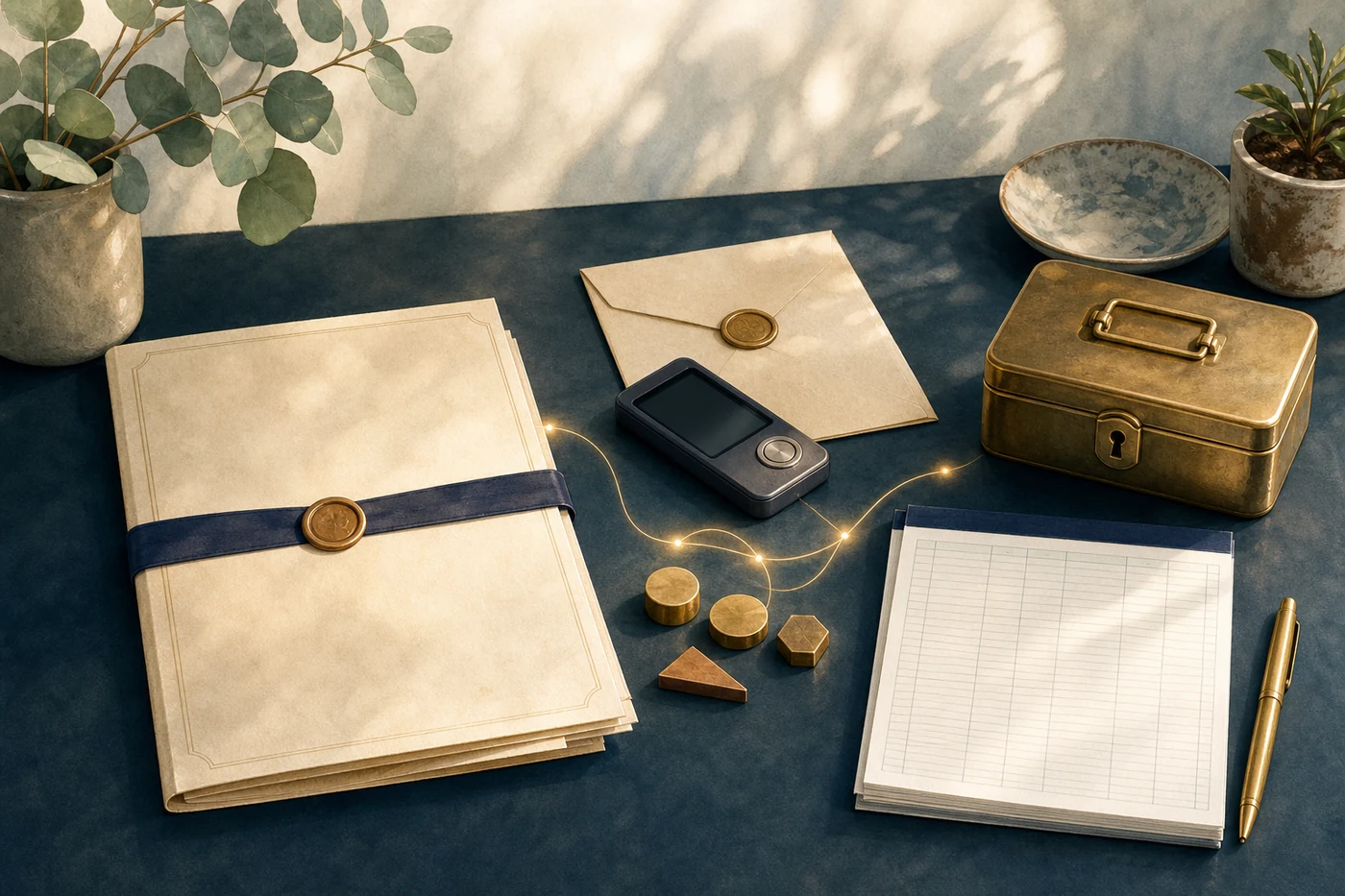 An estate document, hardware wallet, valuation ledger and separate locked recovery box