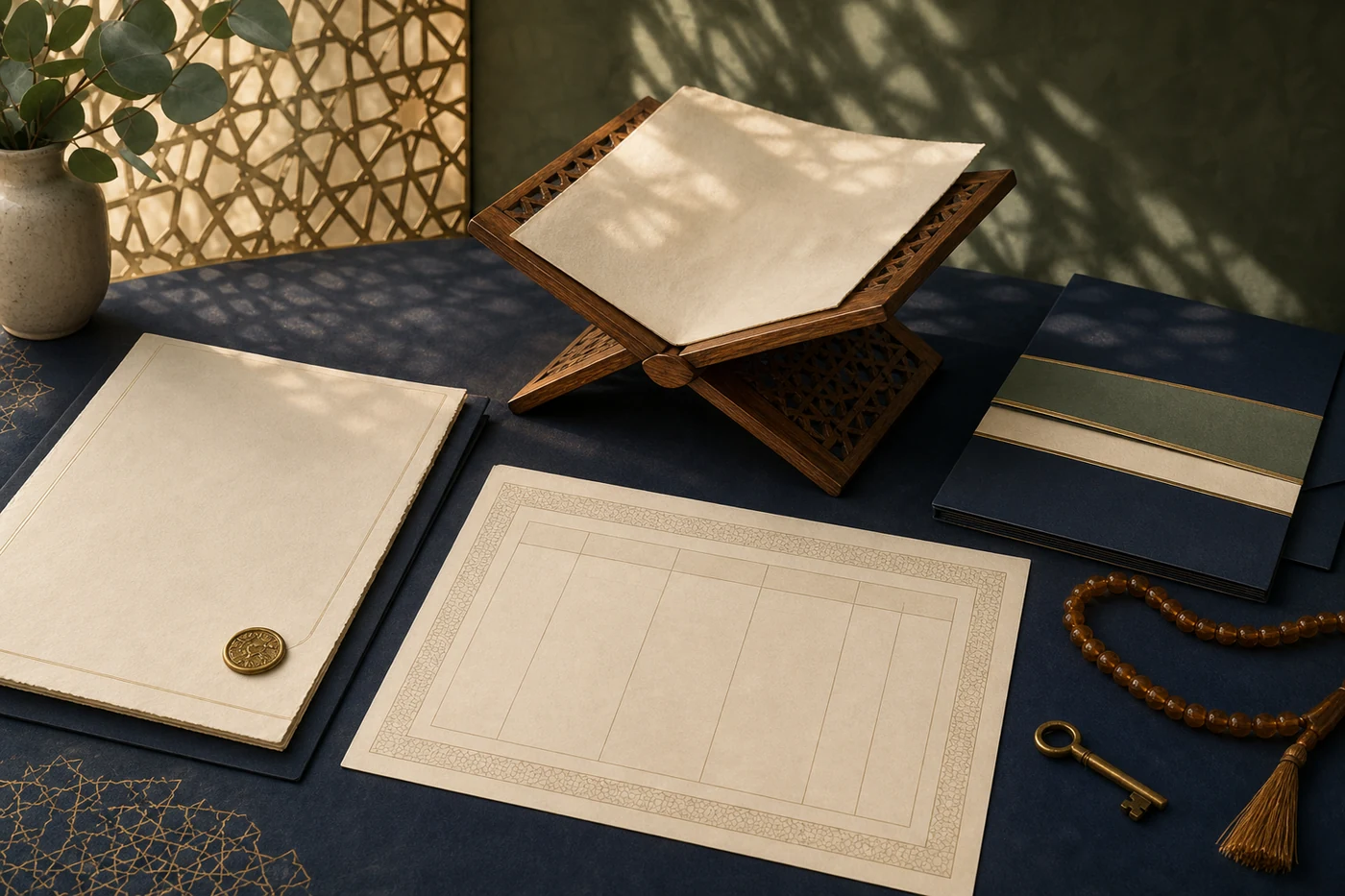 Blank will folio, Islamic inheritance schedule and estate folder arranged for separate legal and Shariah review