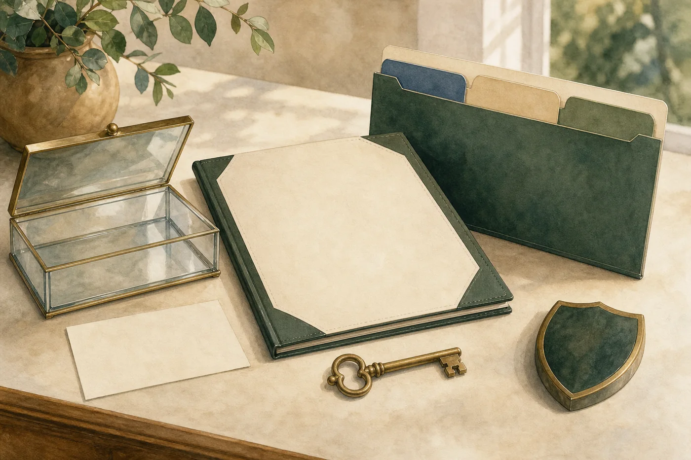 Blank will folio, open document custody box, amendment folder and separate optional protection symbol