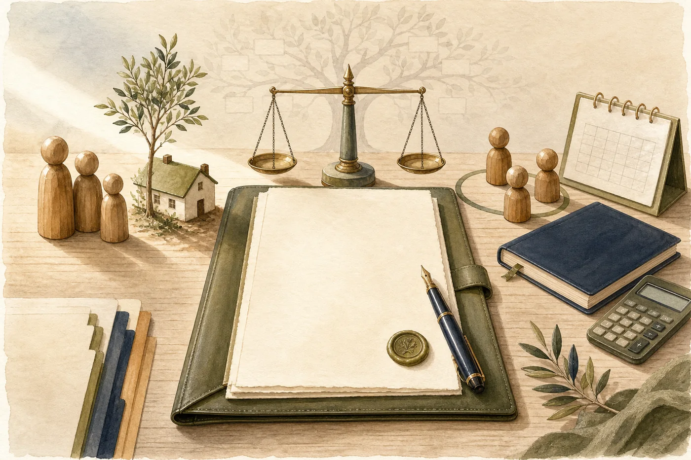 Watercolour family trust assessment with a blank trust deed, family home, trustees, ledger, calendar and balance scale