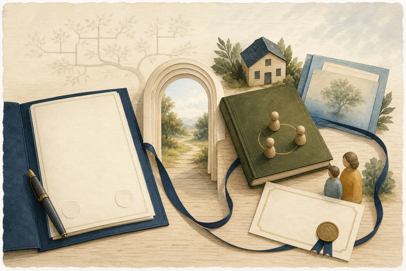 Watercolour will folio leading through a paper arch to trustees, beneficiaries and trust assets