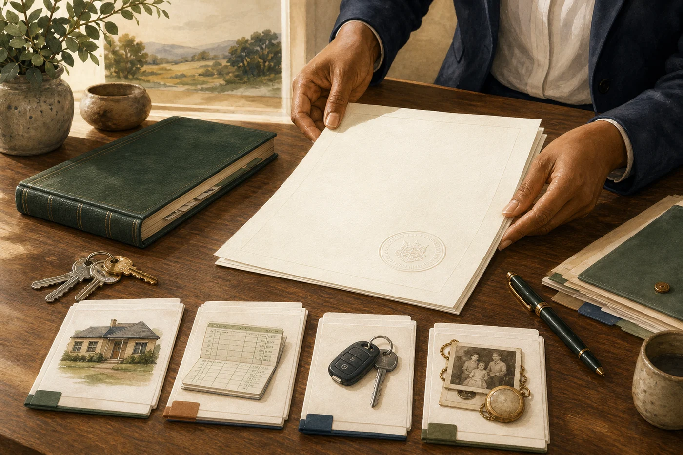 Watercolor estate professional arranging an appointment letter, ledger, property, vehicle and family asset records