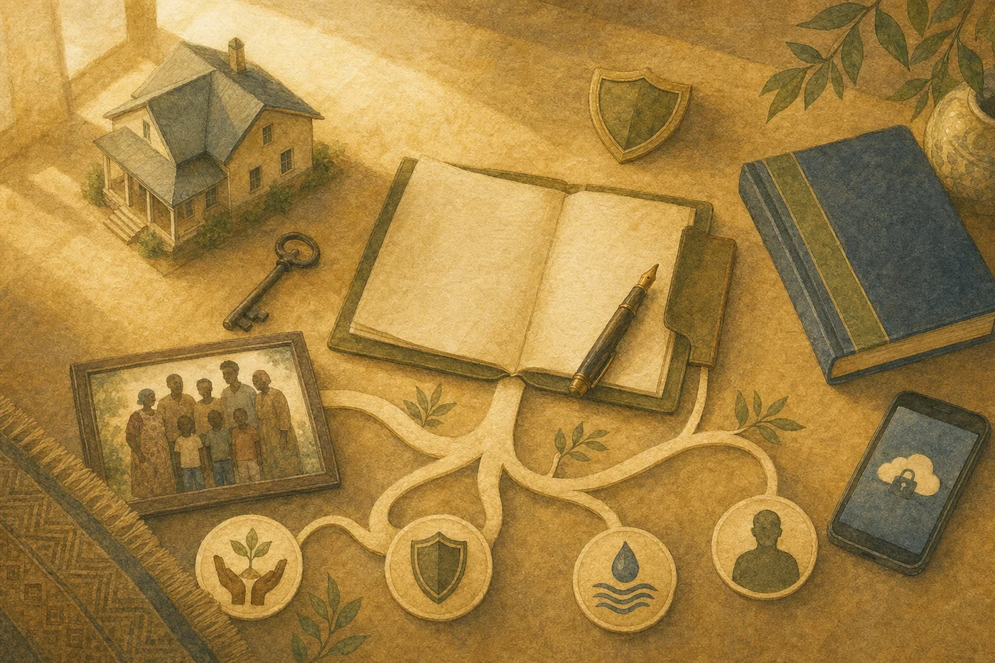 Watercolour estate-planning table with a family, home, will, key, shield, ledger and digital account