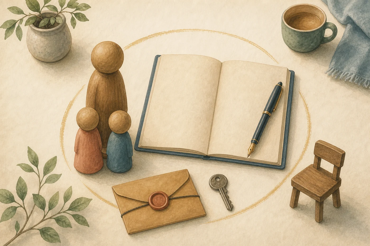 A single-parent family beside a blank will, sealed instructions, home key and contingency chair