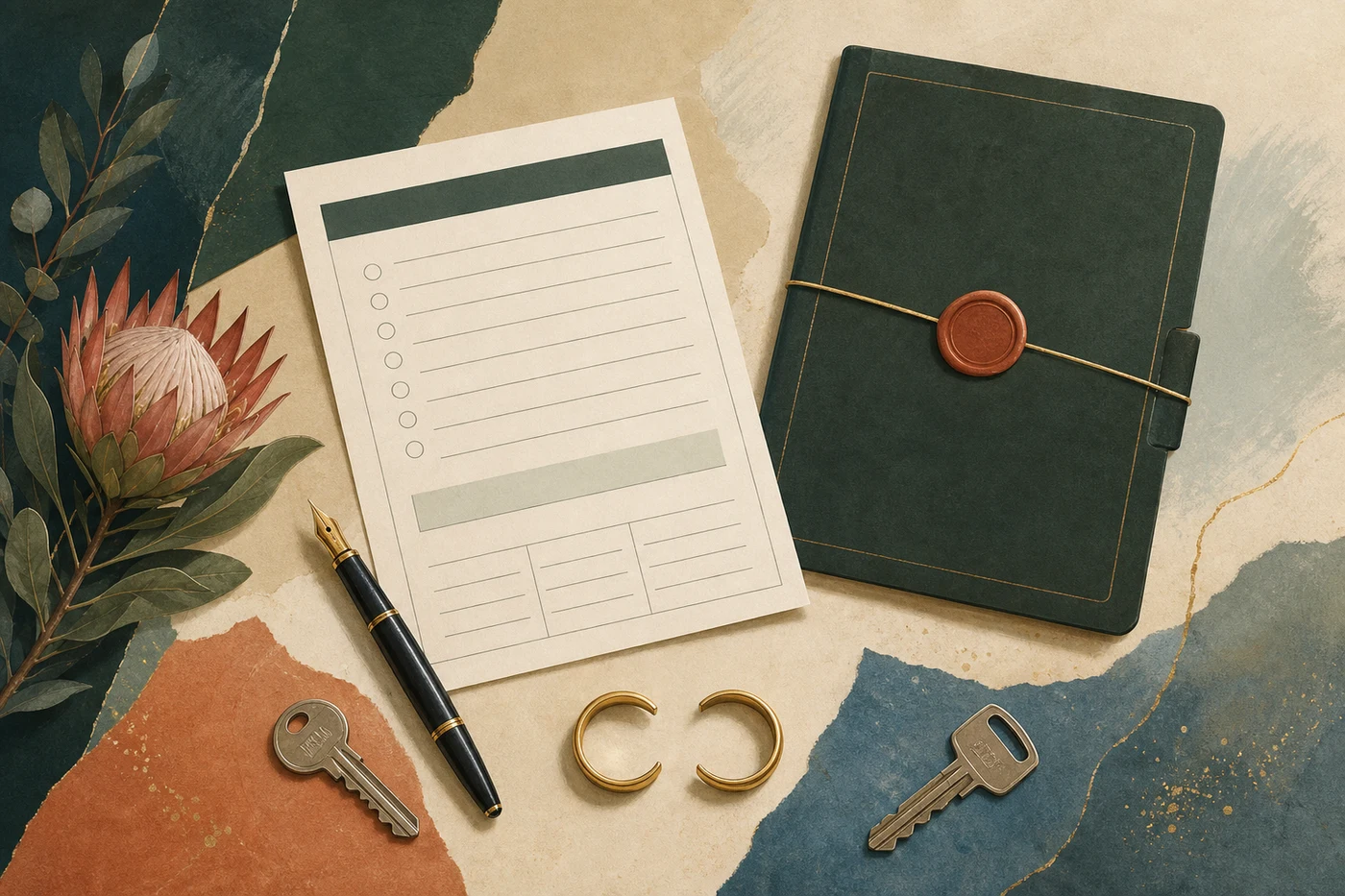 A will review sheet, closed court-order folder, separated rings and two household keys