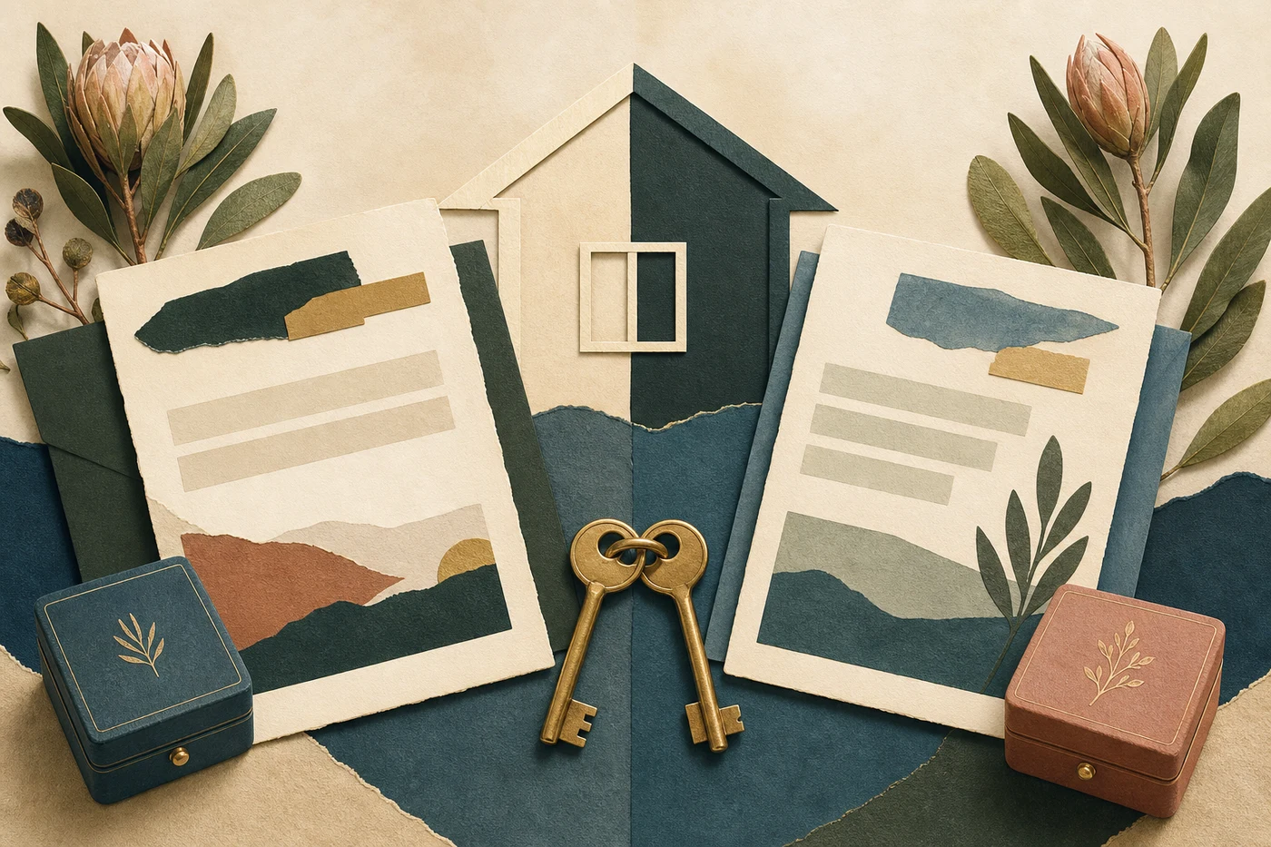 Two coordinated will-planning sheets, a divided home and two personal keepsake boxes