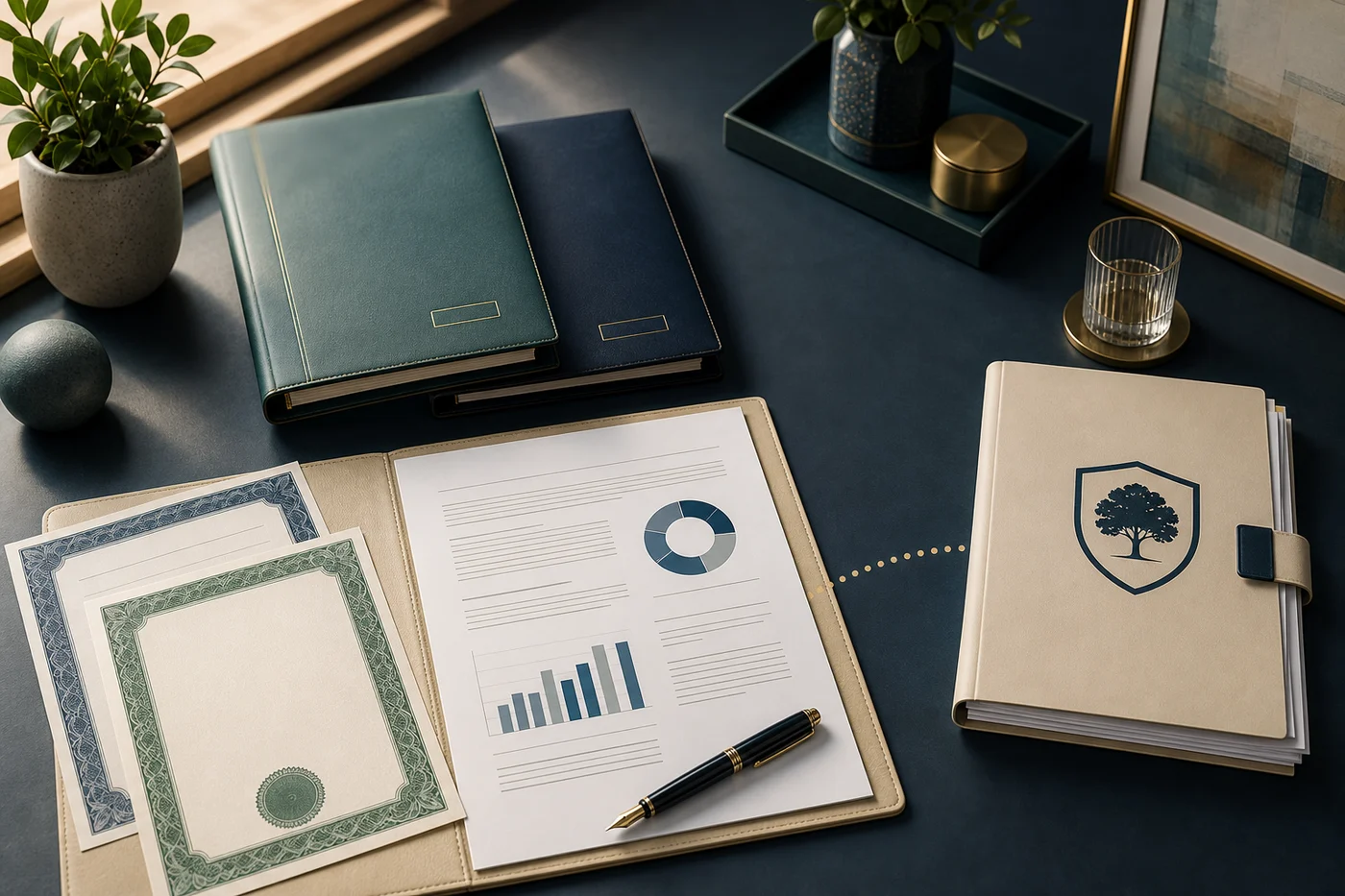 Business ownership folders, an unsigned valuation agreement, share certificates and a separate policy funding folder