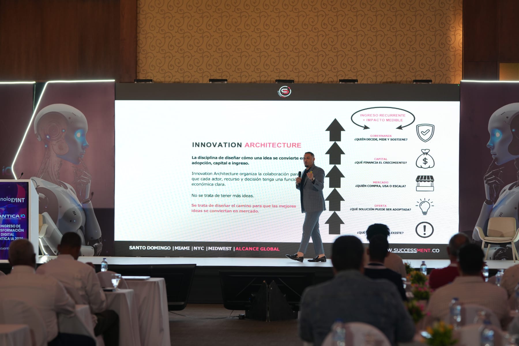 Successment presenter addressing founders and institutional participants at an innovation conference