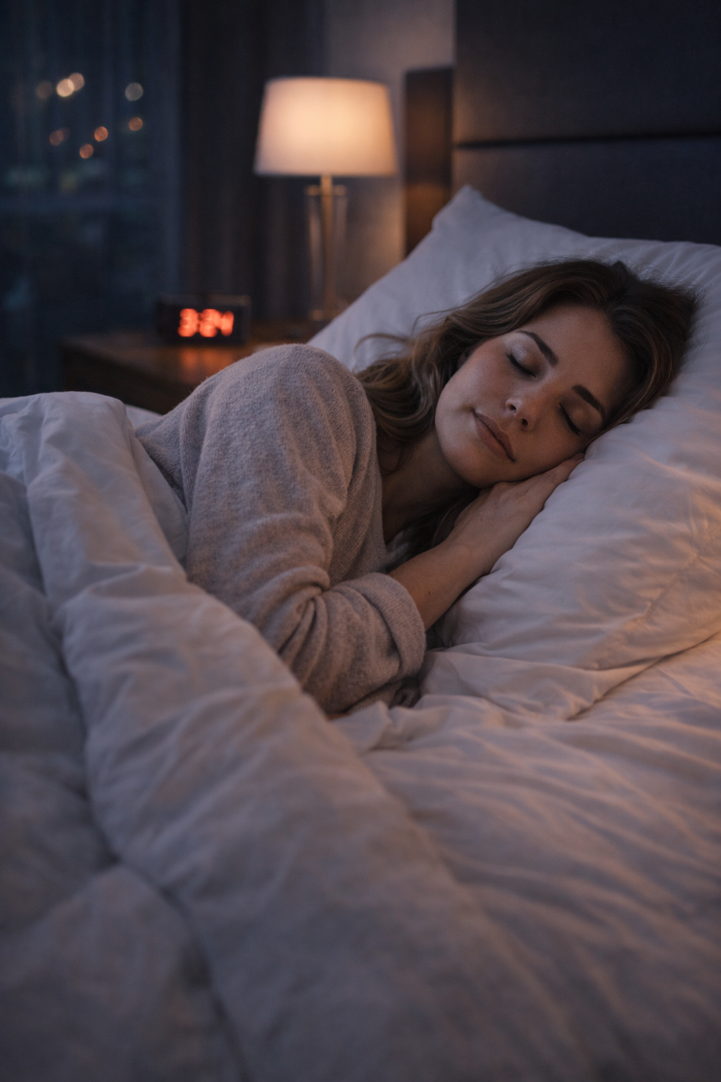 Pessoa dormindo de forma serena em quarto com iluminação suave
