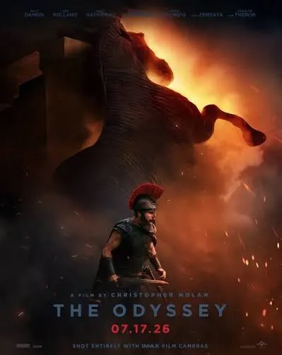 "Official poster for Christopher Nolan's The Odyssey featuring a lone warrior beneath a towering Trojan Horse, highlighting the film's epic mythological scale and IMAX presentation."