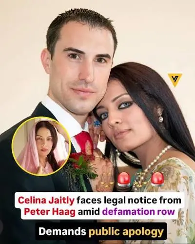 "Celina Jaitly in a social media graphic discussing her reported divorce from Peter Haag, highlighting the ongoing legal dispute and public attention surrounding the case."