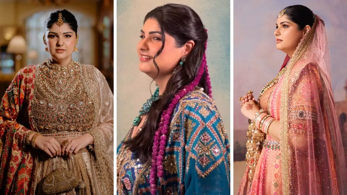 "Anshula Kapoor and her groom share a joyful moment during their traditional Mumbai wedding ceremony, surrounded by family members in an elegant floral setting."