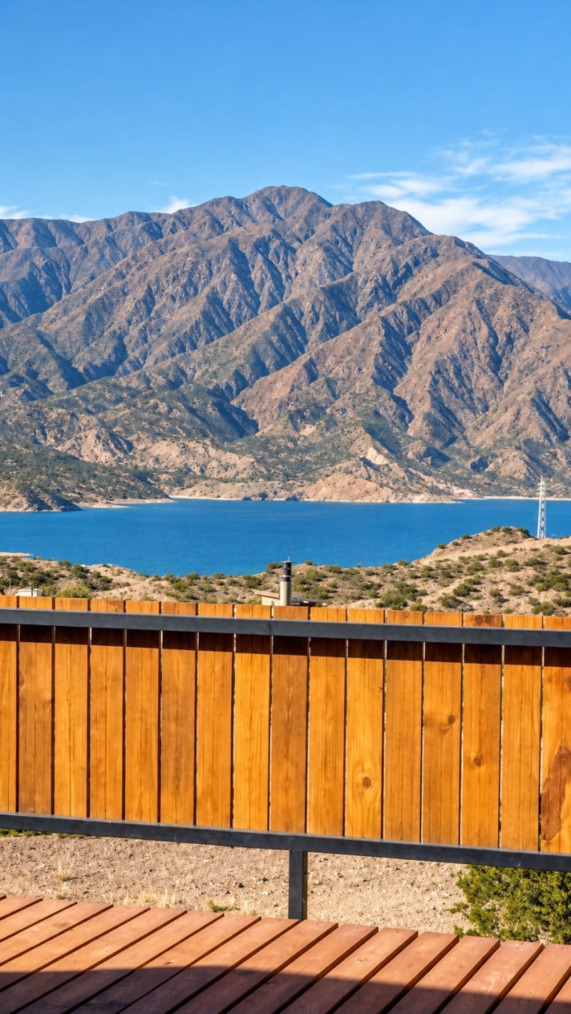 Vista panorámica de postal desde la baranda del deck hacia el agua turquesa del embalse Potrerillos y la montaña