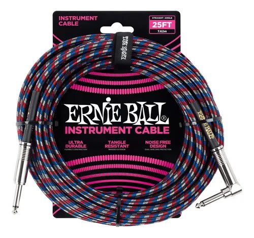 ERNIE BALL (6063) 25' Braided Straight/Angle - DUAL CONDUCTOR BLACK/BLUE/WHITE
