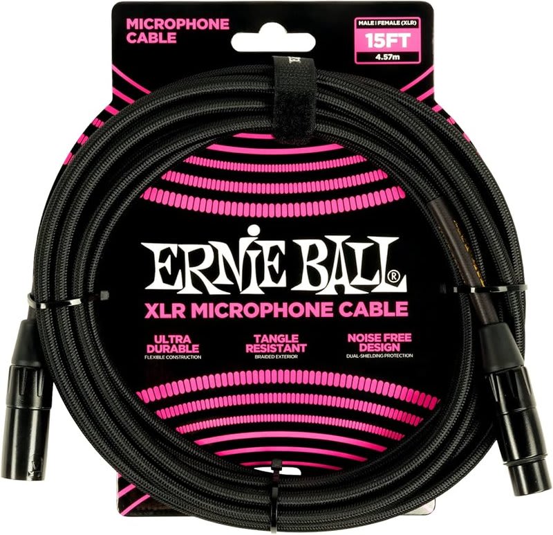ERNIE BALL (P06391) 15ft Braided Male Female XLR Microphone Cable Black