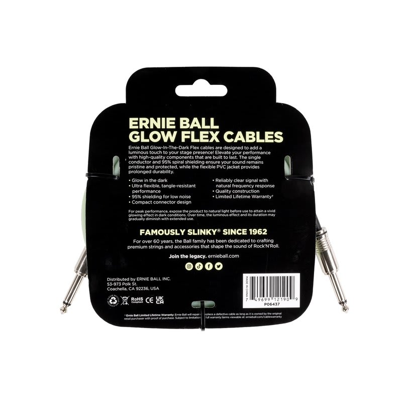 ERNIE BALL (6437) 20' Flex Instrument Cable Straight/Straight 20ft - Glow-In-The-Dark