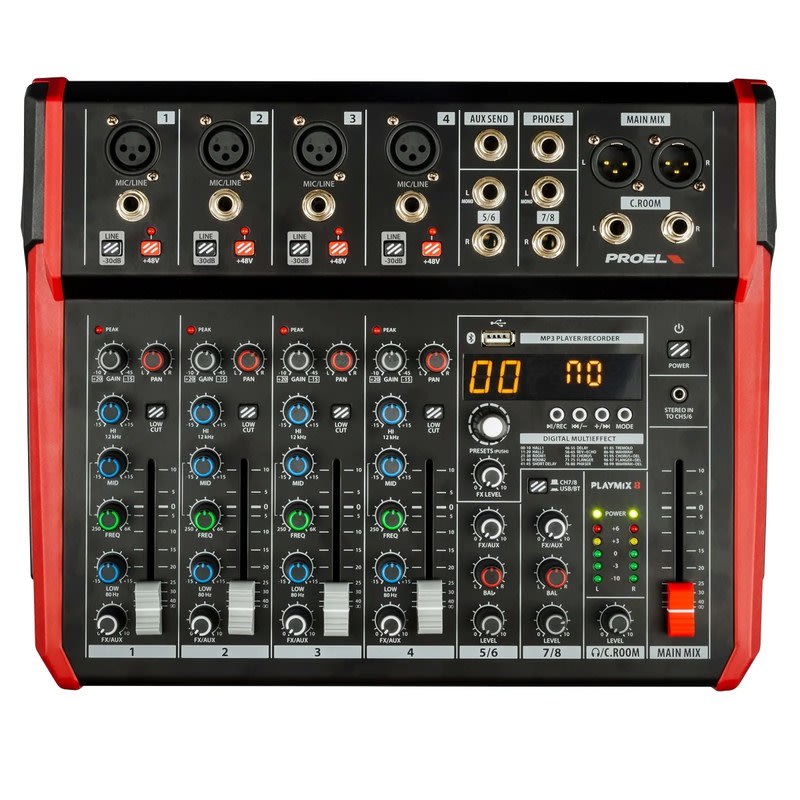 PROEL (PLAYMIX8) PLAYMIX8 MIXER PROEL 8 CANALES 4 XLR BT USB A PARA PENDRIVE EFECTOS DIGITALES Y PANTALLA LCD