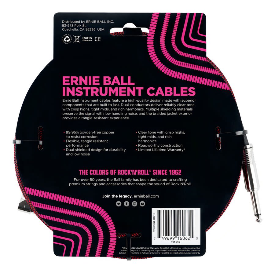 Ernie Ball Cable Instrumento P06062 7,5 Metros Negro/ Rojo
