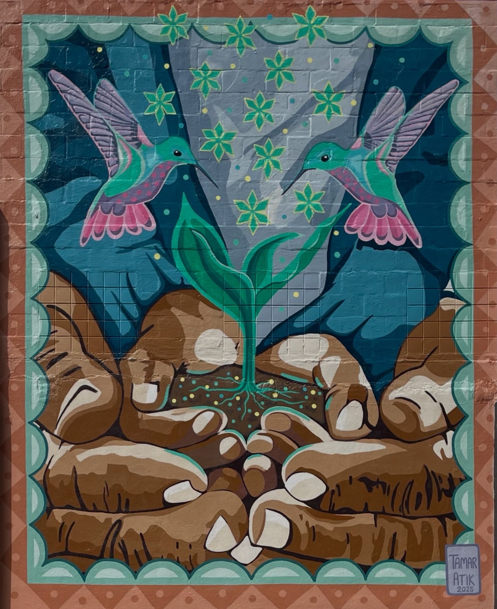 Hands Nurturing Growth Amidst Hummingbirds