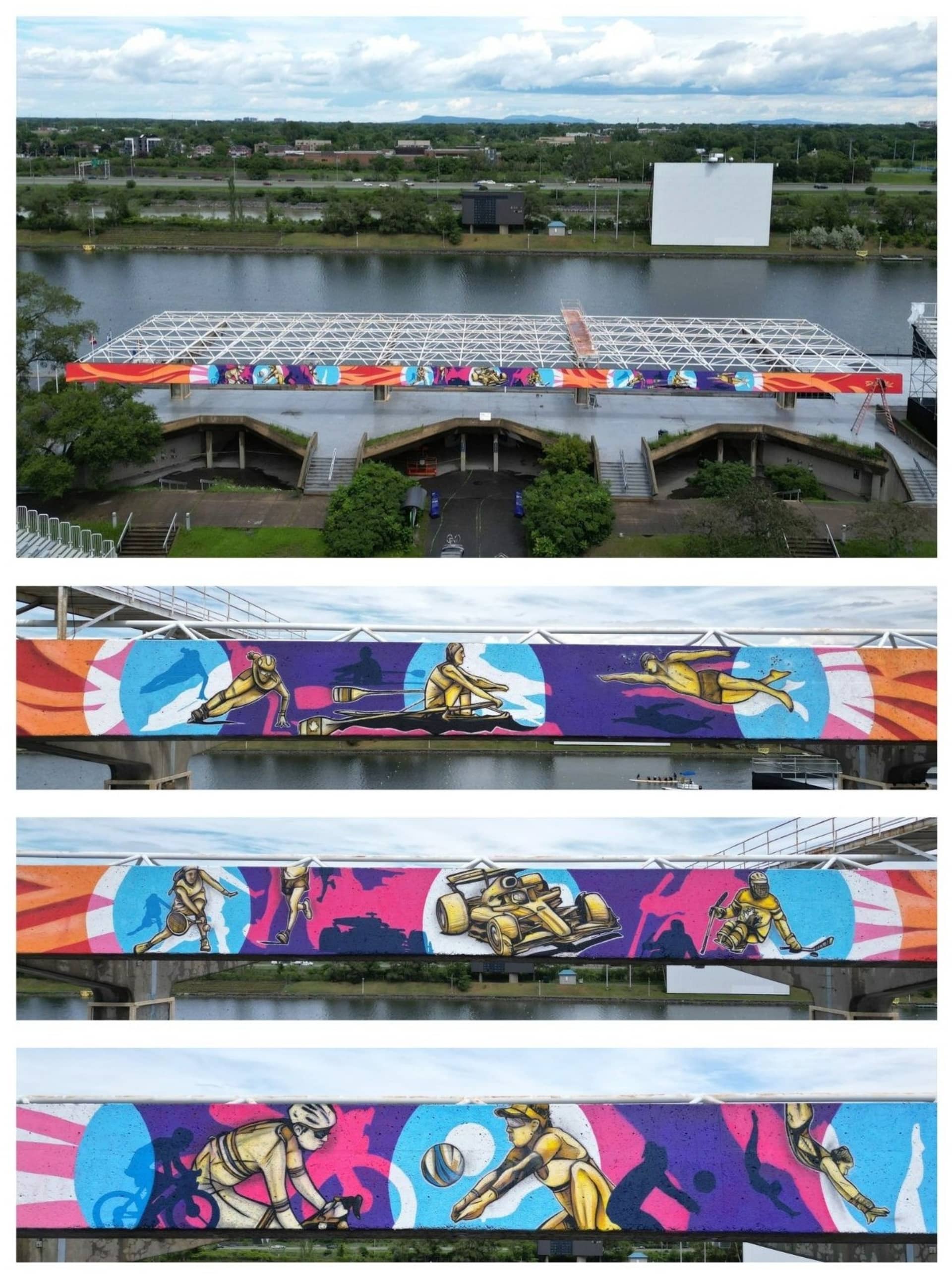 Athletes in Motion Across Urban Waterway