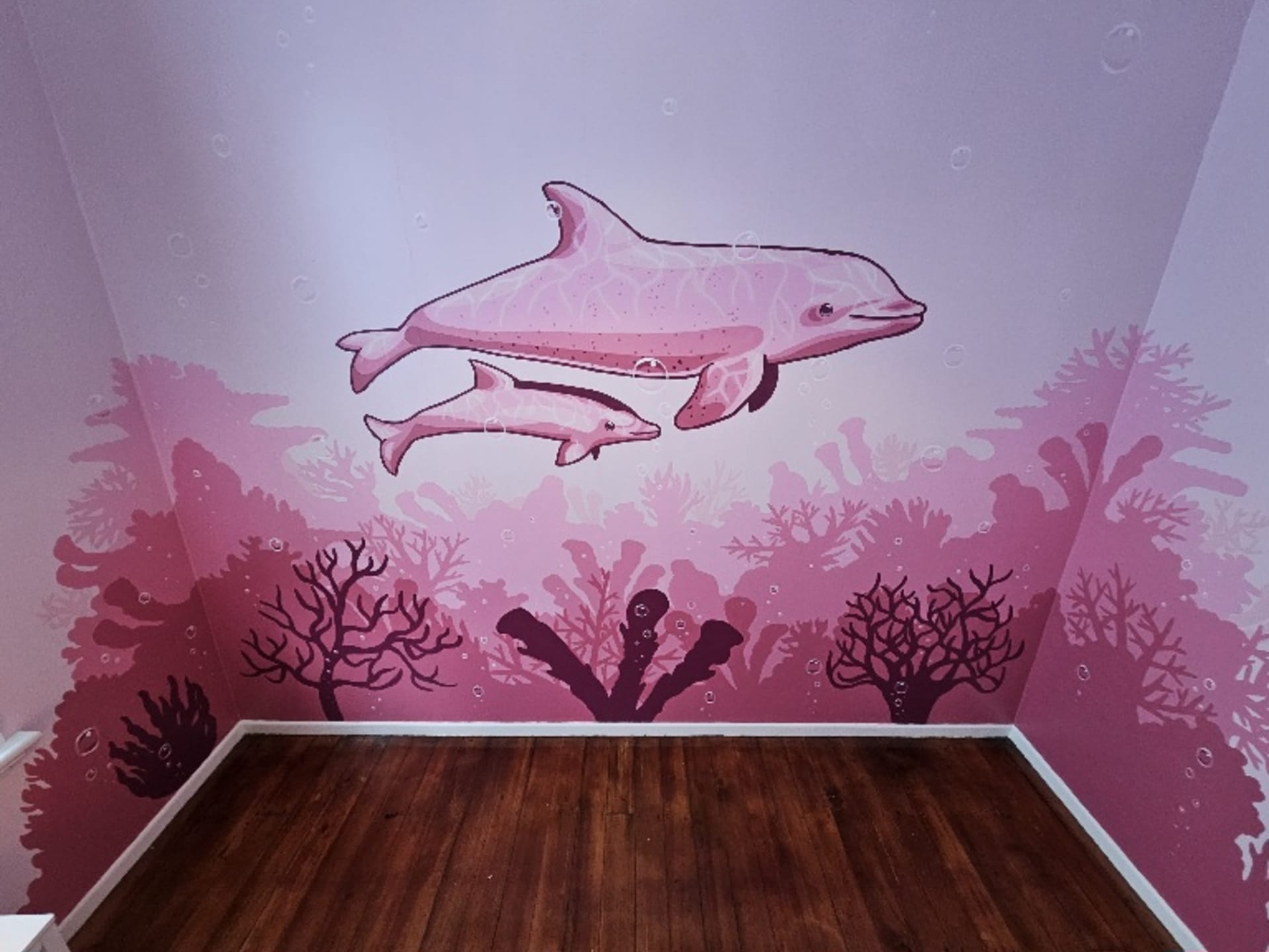 Pink dolphins gliding through coral depths