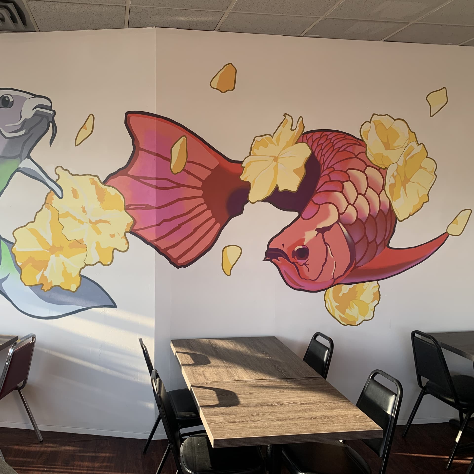 Lucky Chinese Restaurant Fish and Flowers Mural detail