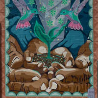 Hands Nurturing Growth Amidst Hummingbirds