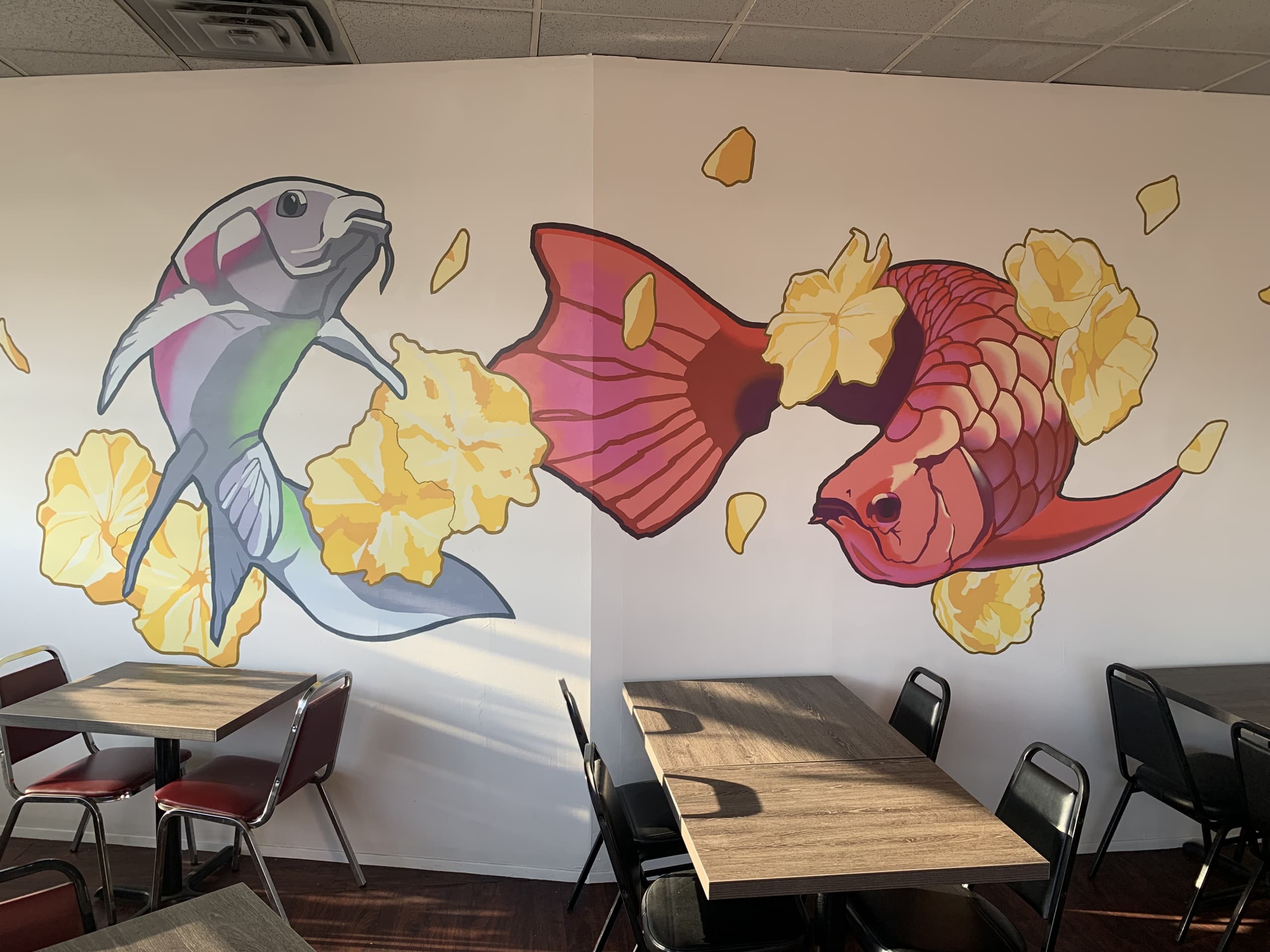 Lucky Chinese Restaurant Fish and Flowers Mural