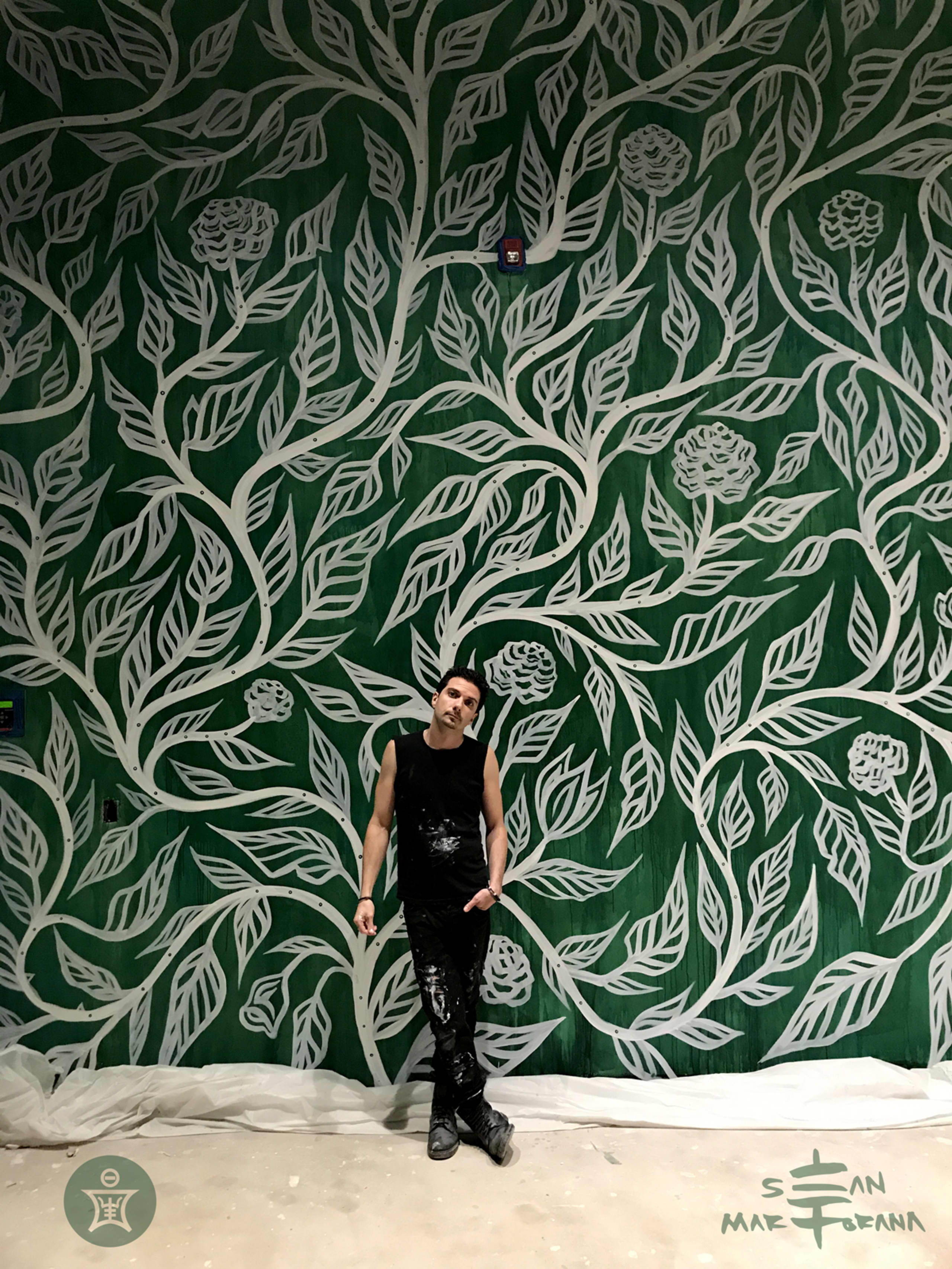 Flourish White Vines over Watercolor Green by Sean Martorana