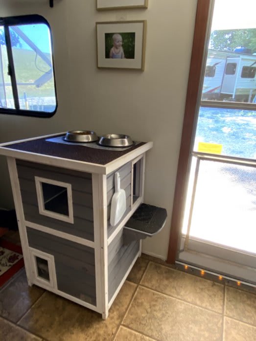 Our cat tower. It's a tall box that looks somewhat like a barn-style house. It has 3 windows for the cat to access.