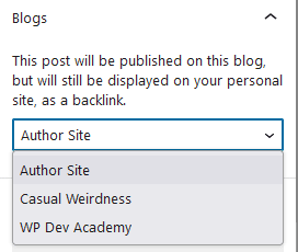 Screenshot of the blogs taxonomy in the WordPress block editor sidebar. It reads "This post will be published on this blog, but will still be displayed on your personal site as a backlink."