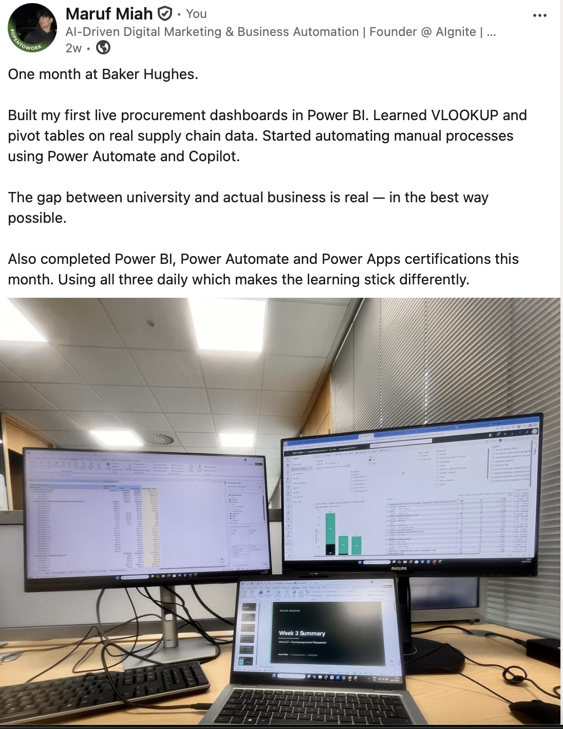Maruf Miah at Baker Hughes — live procurement dashboards, Power BI and Week 3 Summary