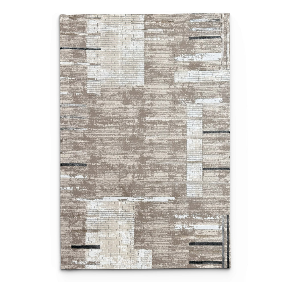 Modern Patchwork Block Rug - Neutral Geometric Area Rug with Mixed Textures