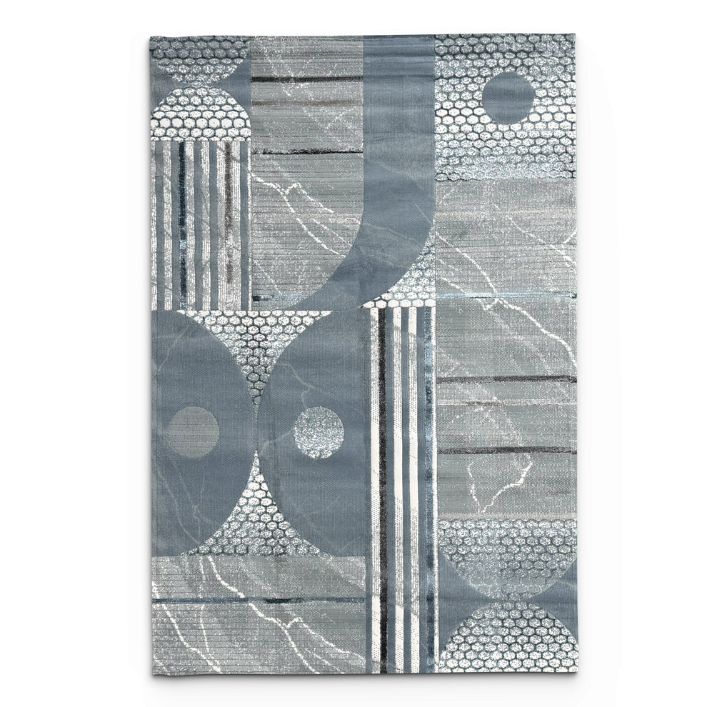 Contemporary Mixed Media Rug - Blue Gray Geometric Patchwork Area Rug