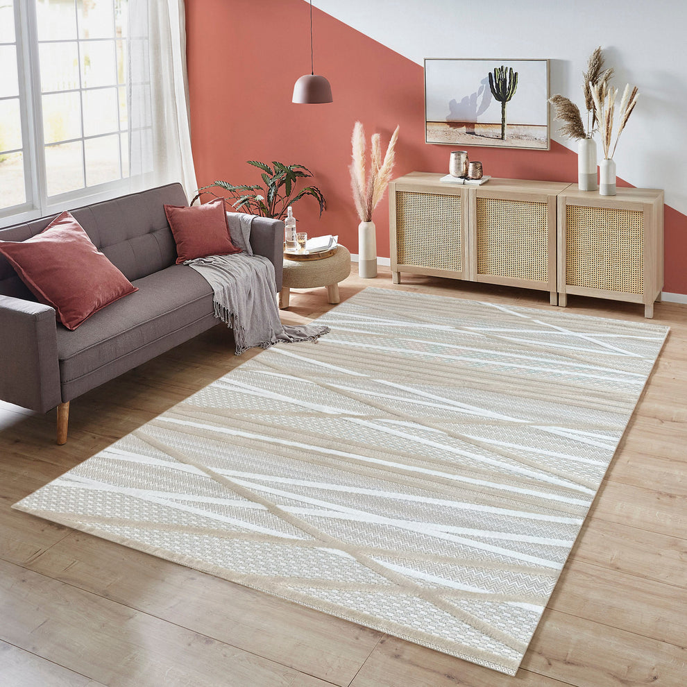 Coastal Striped Area Rug - Neutral Beige Blue Horizontal Pattern