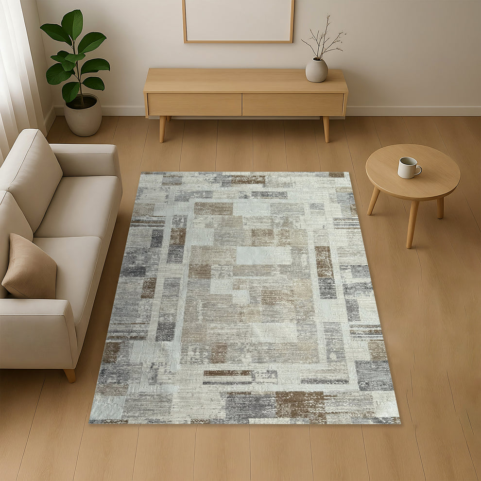 Contemporary Abstract Area Rug - Grey Beige Patchwork Block Design