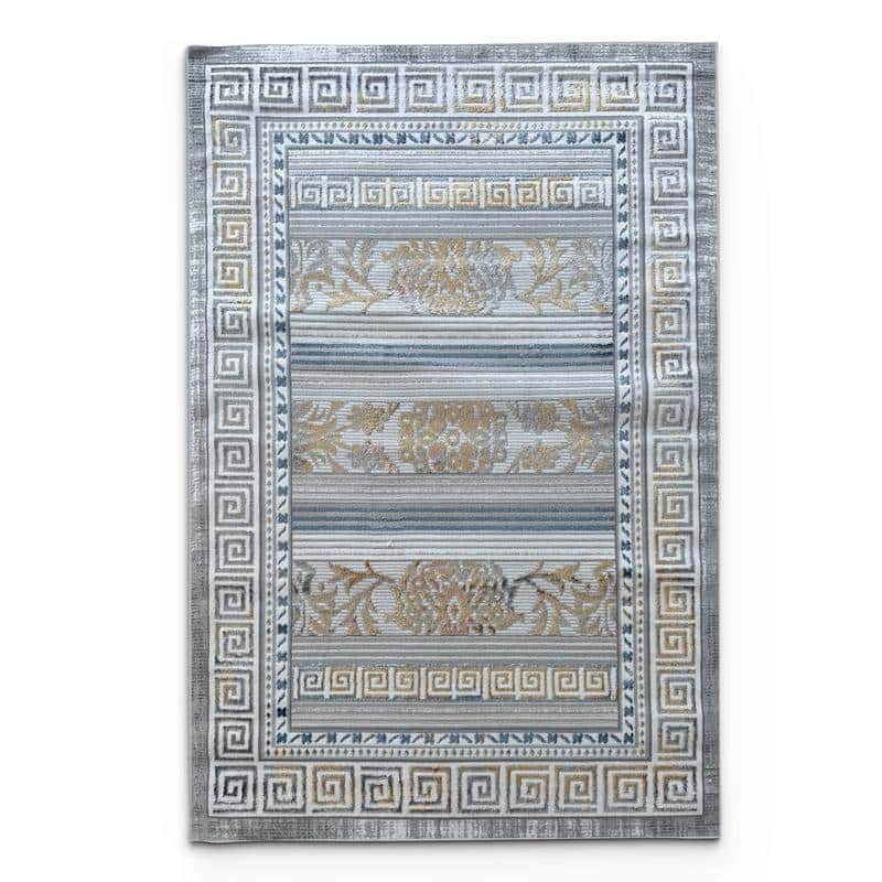 Greek Key Border Area Rug - Traditional Blue Gray Pattern