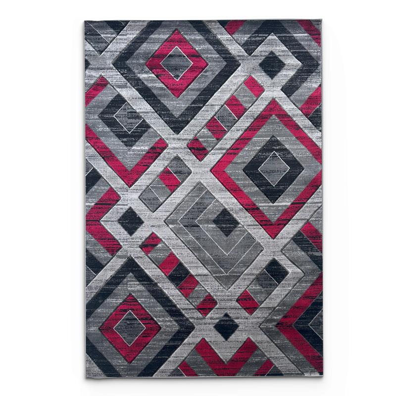 Diamond Pattern Red Gray Area Rug - Tribal Geometric Design
