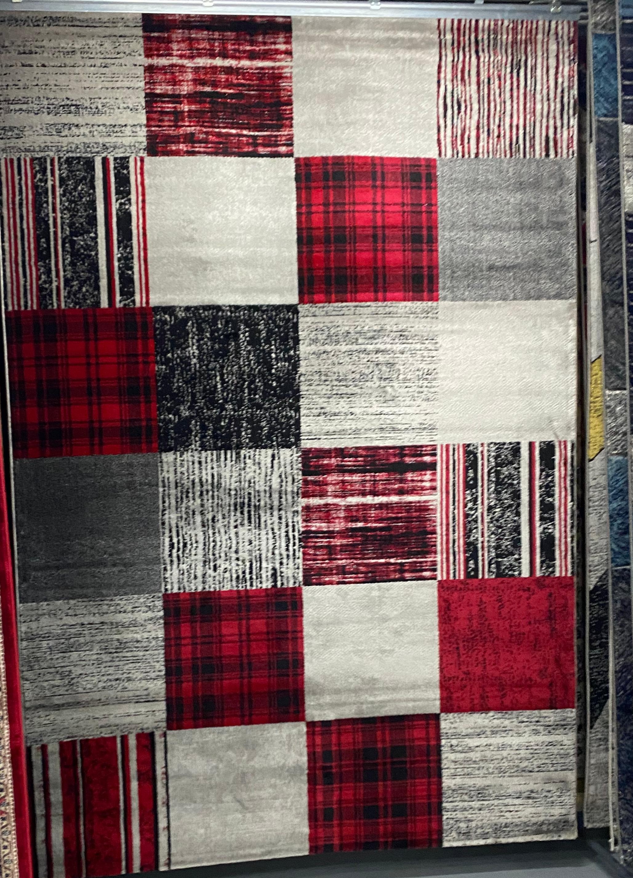 Red Black Gray Patchwork Living Room Rug