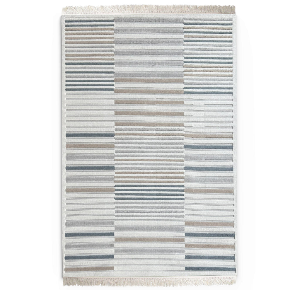Modern Striped Area Rug - Blue Grey Beige Geometric Pattern