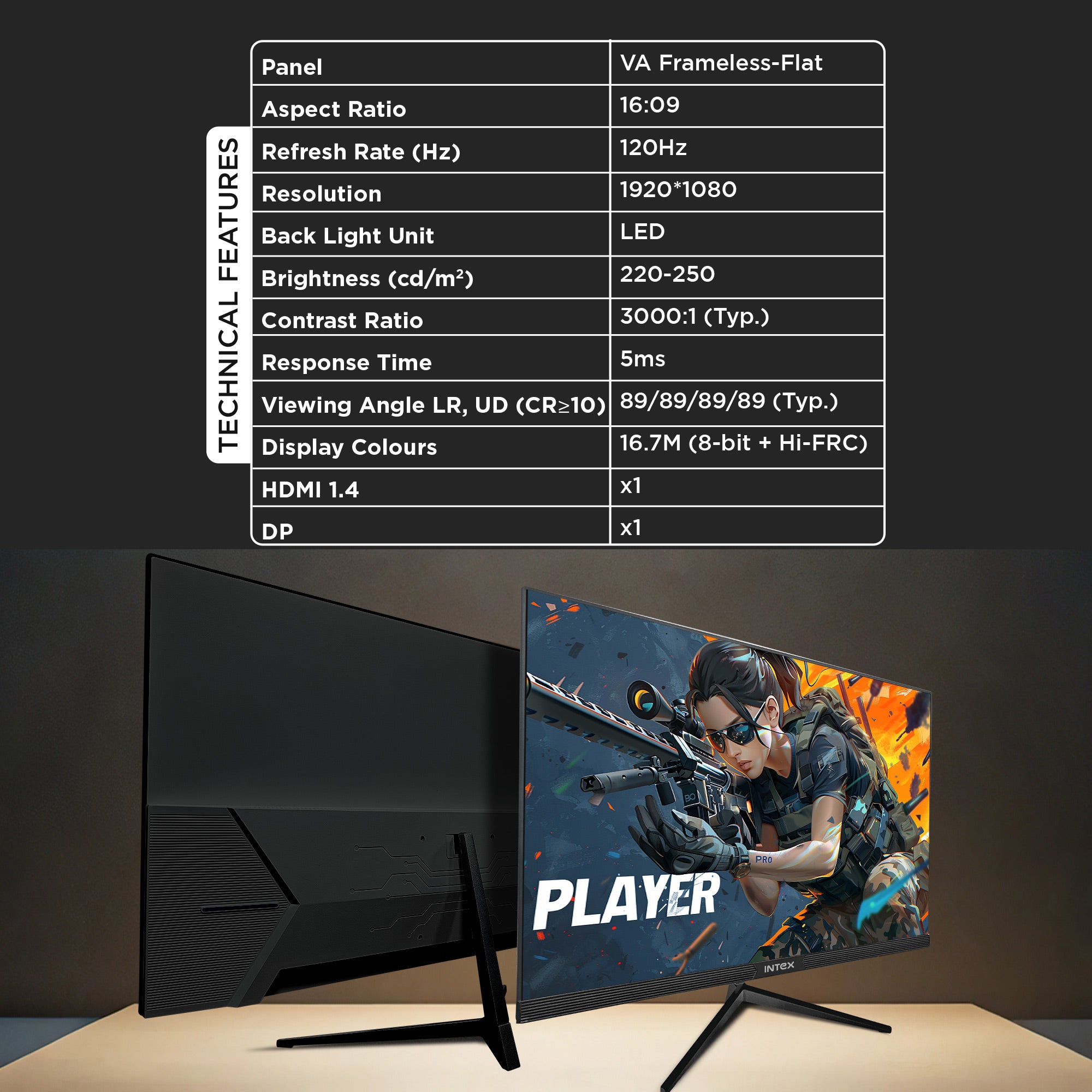Intex IT-2201 27" Full HD Flat Frameless Monitor | VA | 100Hz | 5ms | Speakers | HDMI | DP feature 3