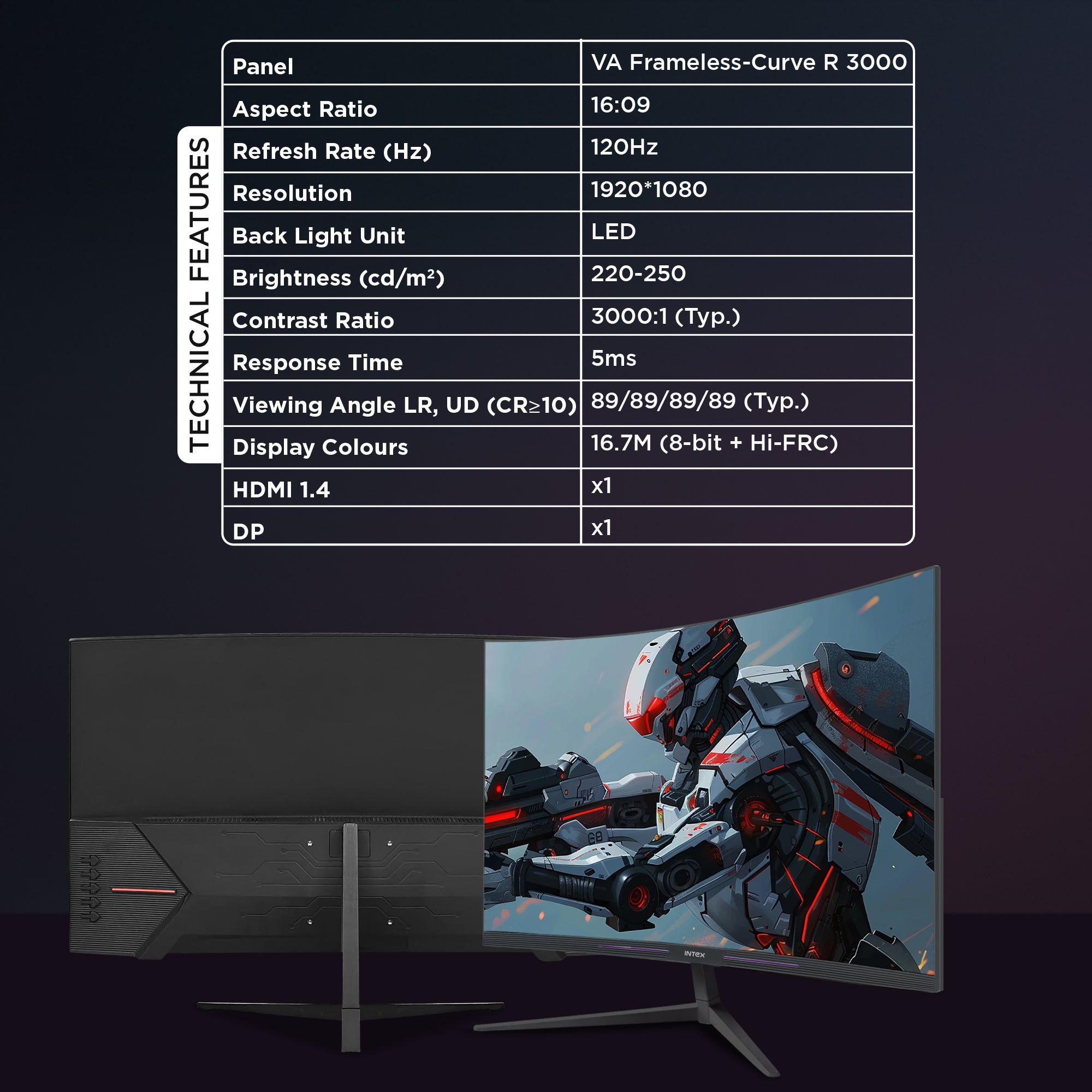 Intex IT-2201C 27" Full HD Curved Monitor | 1500R VA | 100Hz | 5ms | Speakers | HDMI | DP feature 4