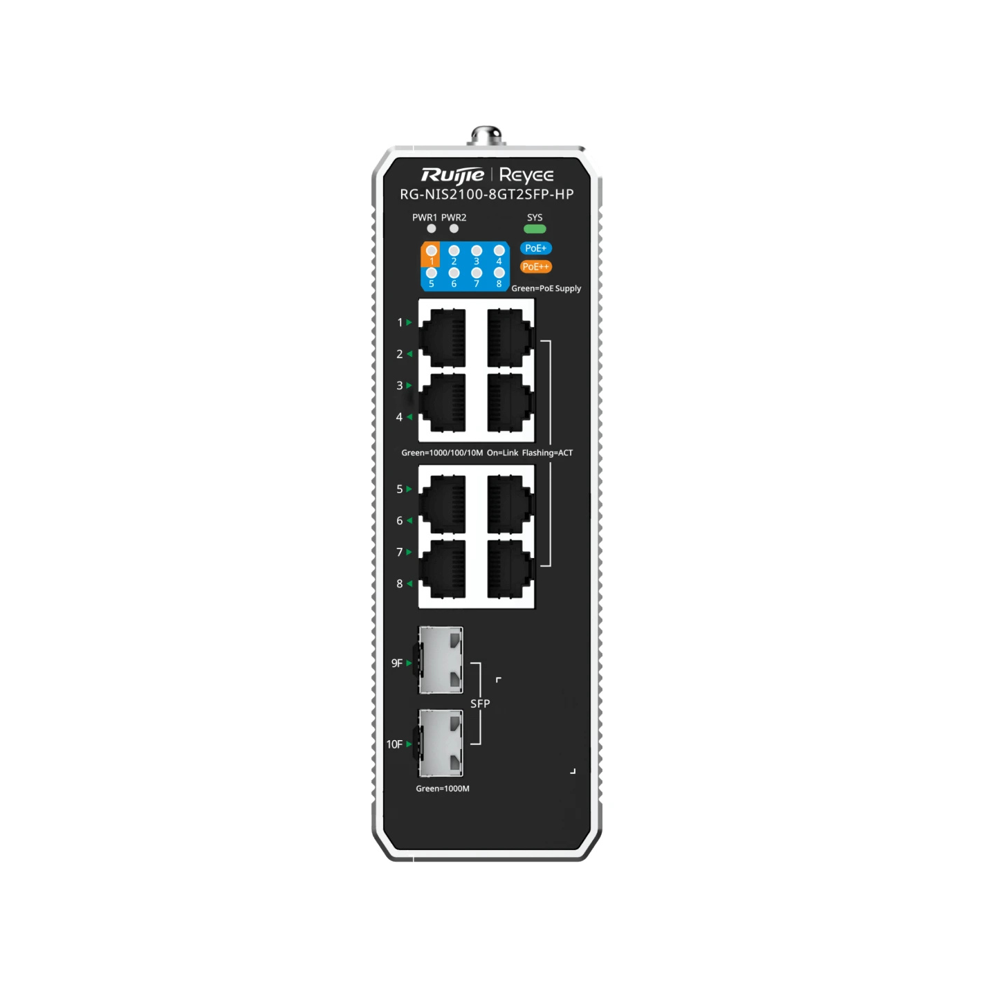 Ruijie Reyee RG-NIS2100-8GT2SFP-HP 10-Port Cloud Managed Industrial Switch | with 1 x PoE++ Port | 7 x PoE+ Ports | and 2 x SFP Uplink Ports | Cloud Managed feature 1