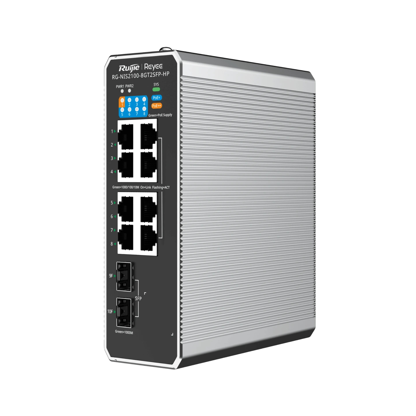 Ruijie Reyee RG-NIS2100-8GT2SFP-HP 10-Port Cloud Managed Industrial Switch | with 1 x PoE++ Port | 7 x PoE+ Ports | and 2 x SFP Uplink Ports | Cloud Managed