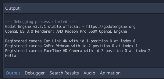 Godot printing values to the Output panel.